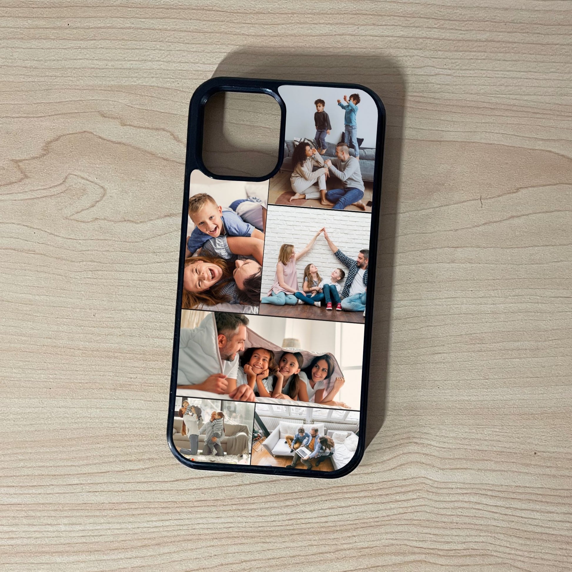 Custom phone case for the iPhone showing 6 photo collage photo of family moments on a wooden surface.