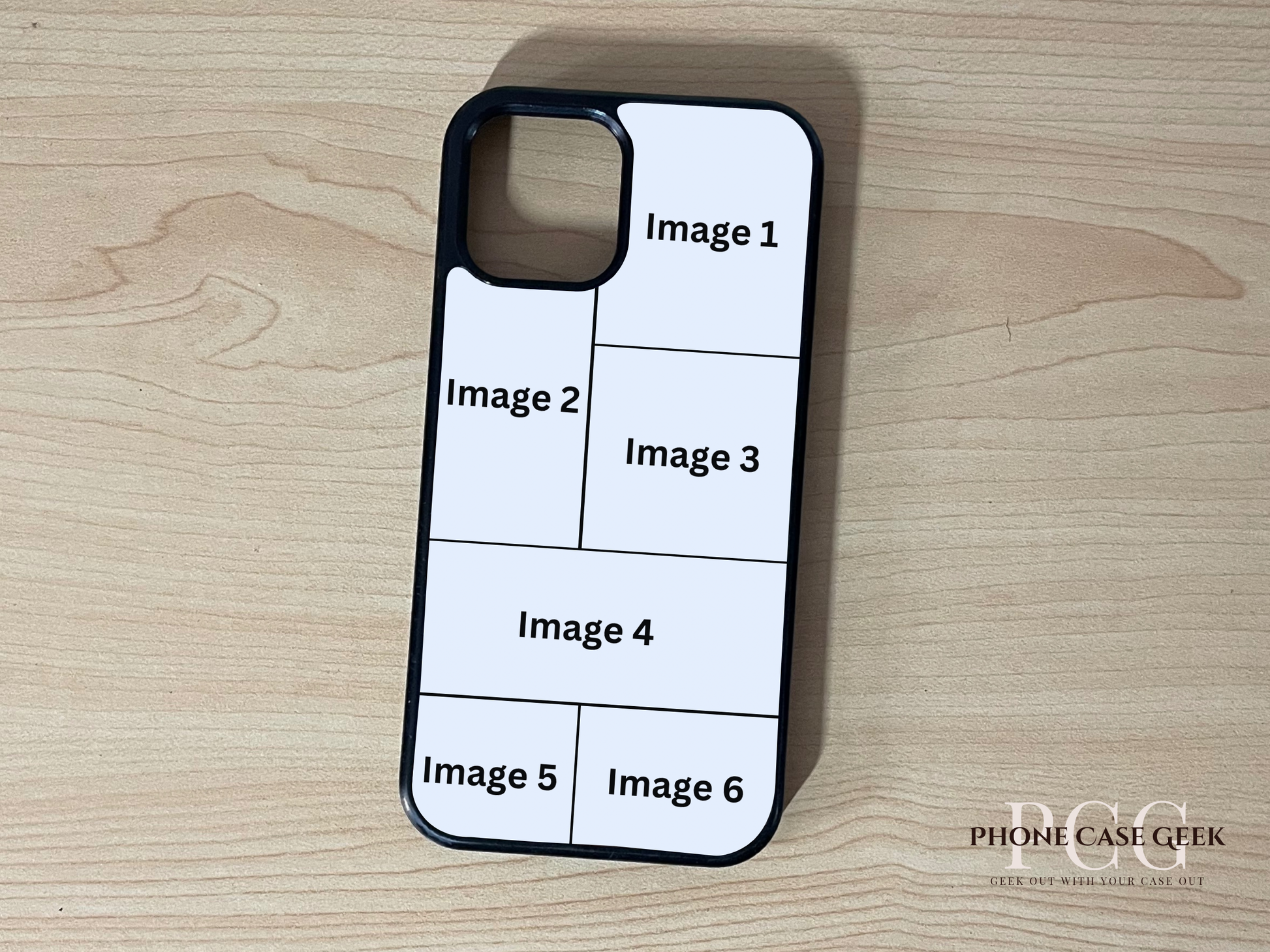 Custom iPhone case showing 6 photo collage photo placement on a wooden surface.