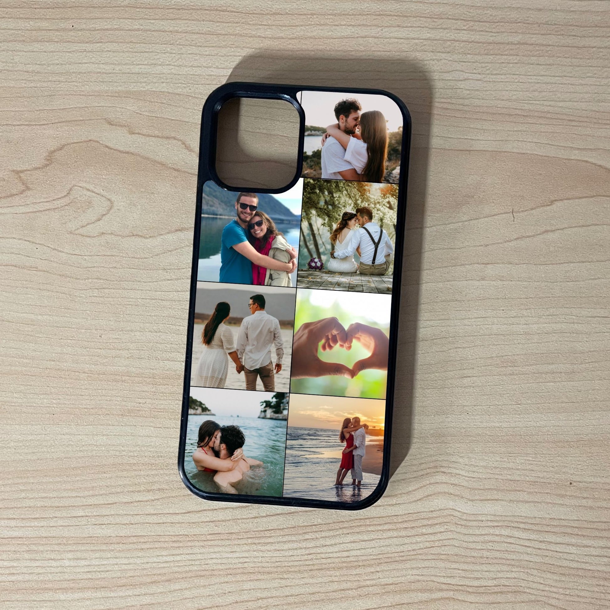 Custom phone case for the iPhone showing 7 photo collage photo of couple moments on a wooden surface.