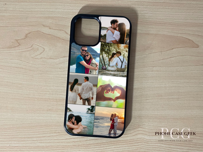 Custom phone case for the iPhone showing 7 photo collage photo of couple moments on a wooden surface.