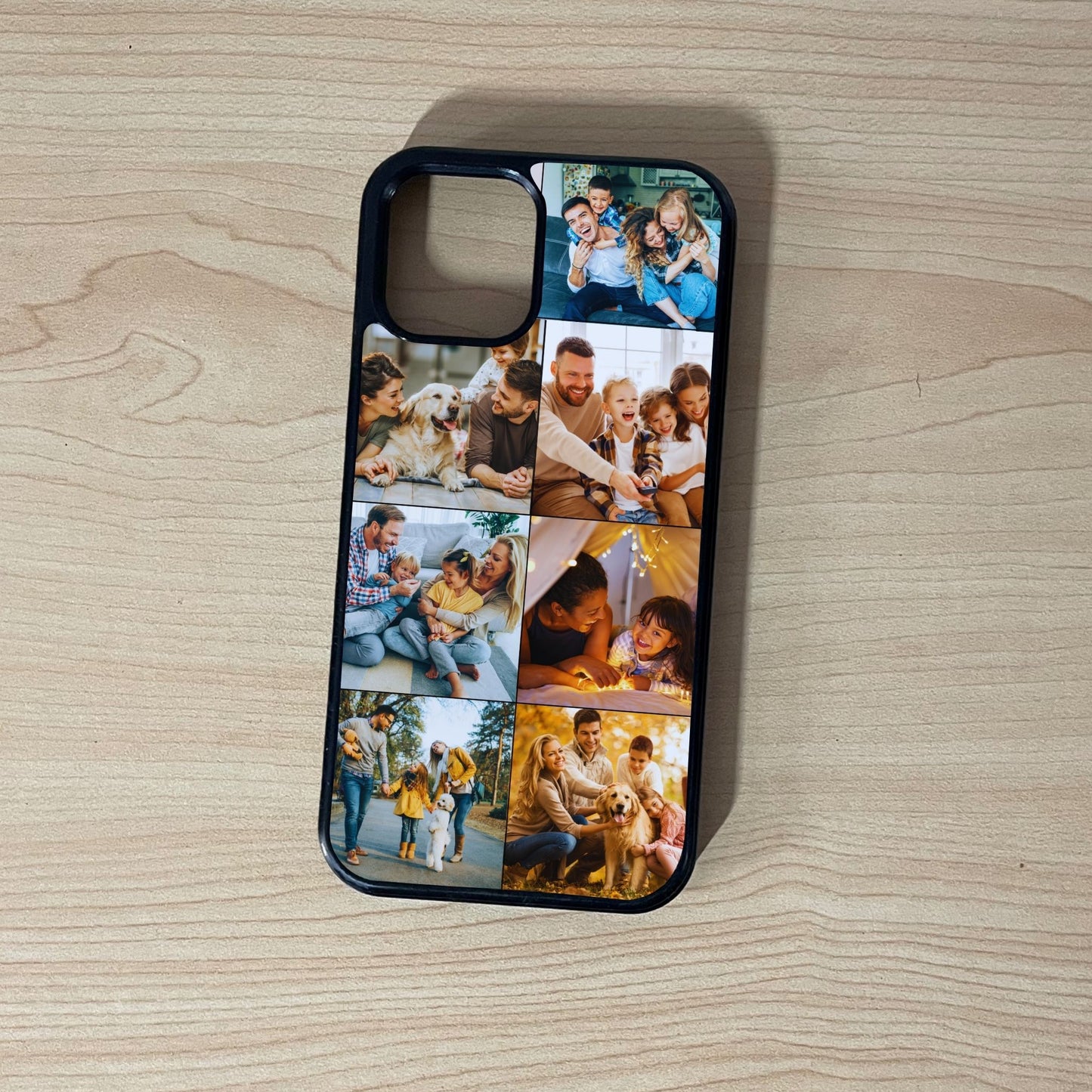 Custom phone case for the iPhone showing 7 photo collage photo of family moments on a wooden surface.