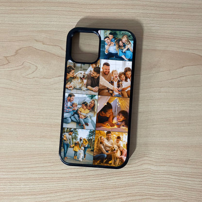 Custom phone case for the iPhone showing 7 photo collage photo of family moments on a wooden surface.