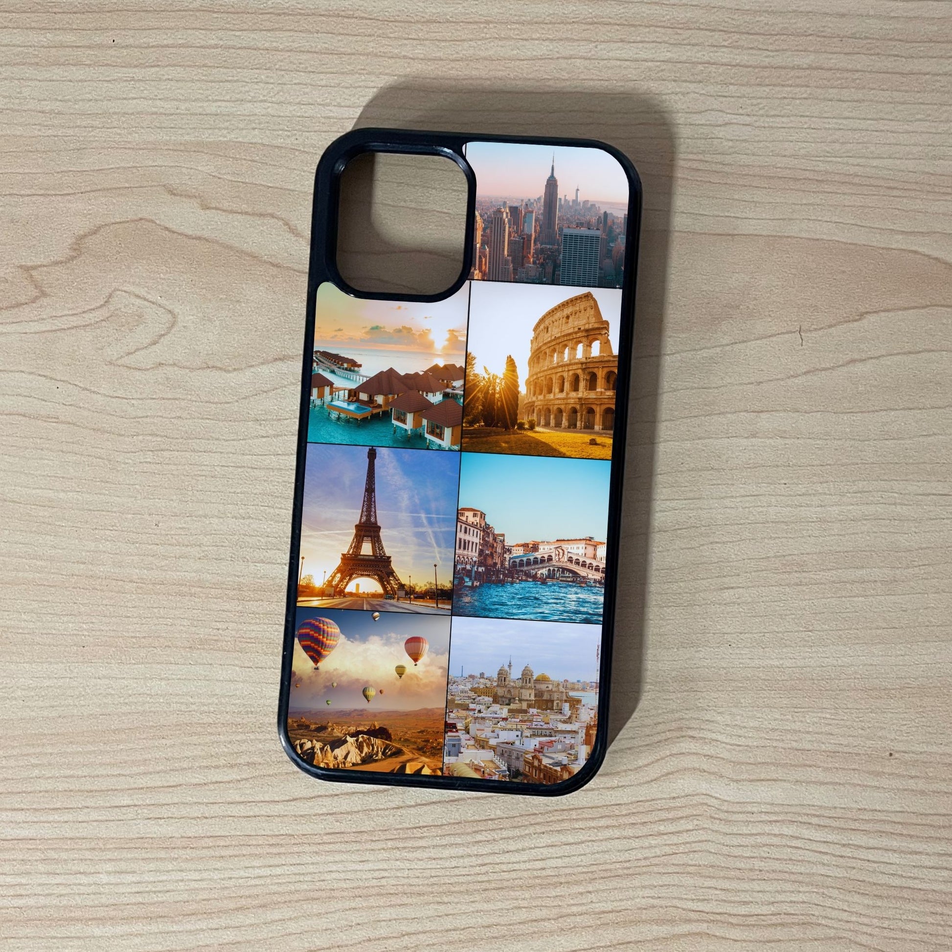 Custom iPhone case 7 photo collage with travel-themed images on a wooden surface
