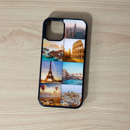 Custom iPhone case 7 photo collage with travel-themed images on a wooden surface