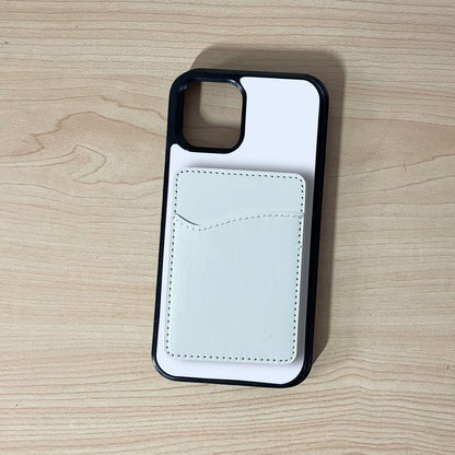 iPhone custom case with a phone card holder attached a wooden surface.