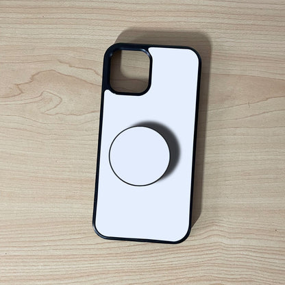 iPhone custom case with a phone grip attached on a wooden surface.