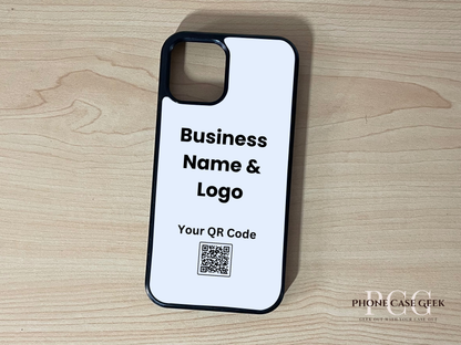 Custom business branding iPhone case with customizable text and QR code on a wooden surface
