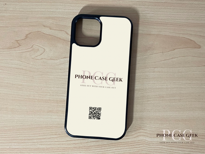 Custom phone case for the iPhone  of business branding with 'Phone Case Geek' and QR code on a wooden surface.