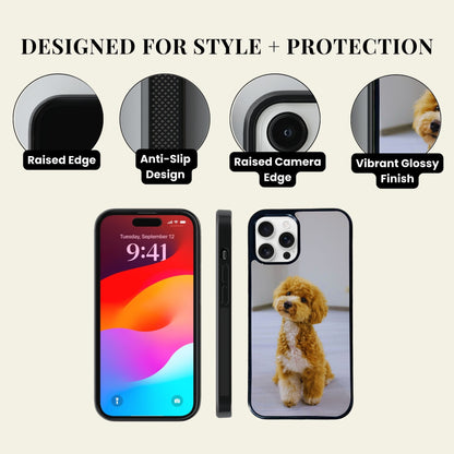 Phone case with features highlighted on a beige background.