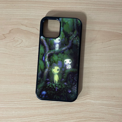 Custom iPhone case with an image of a beautiful forest with  forest spirit characters on a wooden surface.