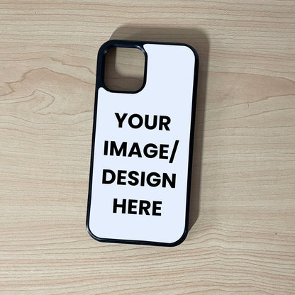 Custom iPhone case with customizable text "Your image / design here to show placement on a wooden surface