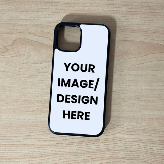 Custom iPhone case with customizable text "Your image / design here to show placement on a wooden surface
