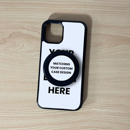 iPhone custom MagSafe case showing image placement with a matching MagSafe phone grip attached on a wooden surface