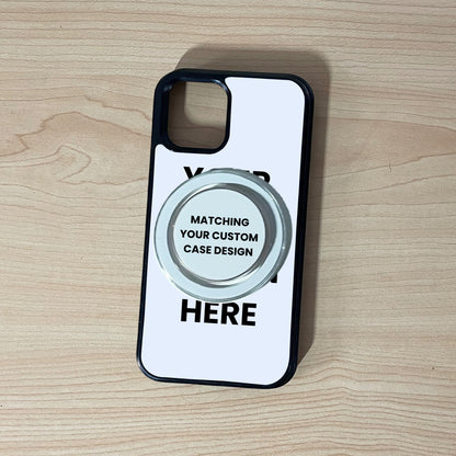 iPhone custom MagSafe case showing image placement with a matching white MagSafe phone grip attached on a wooden surface