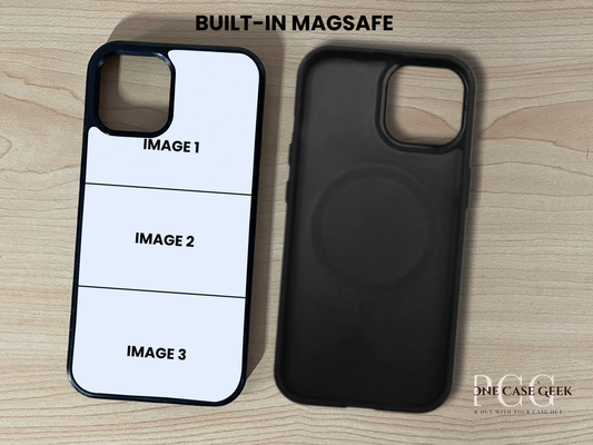 Two custom iPhone cases, one showing customizing of 3 photo collage placements, and one showing a built-in MagSafe ring on a wooden surface.