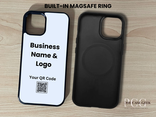 Two custom iPhone cases, one showing business branding with a QR code, and one showing a built-in MagSafe ring on a wooden surface.