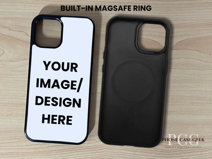 Two custom iPhone cases, one showing customizing are "Your image / design here", and one showing a built-in MagSafe ring on a wooden surface.