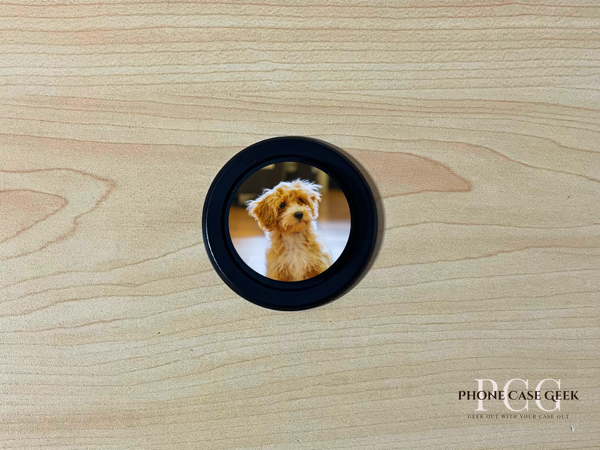 Custom black base Magsafe phone grip with photo of a couple on a wooden surface.