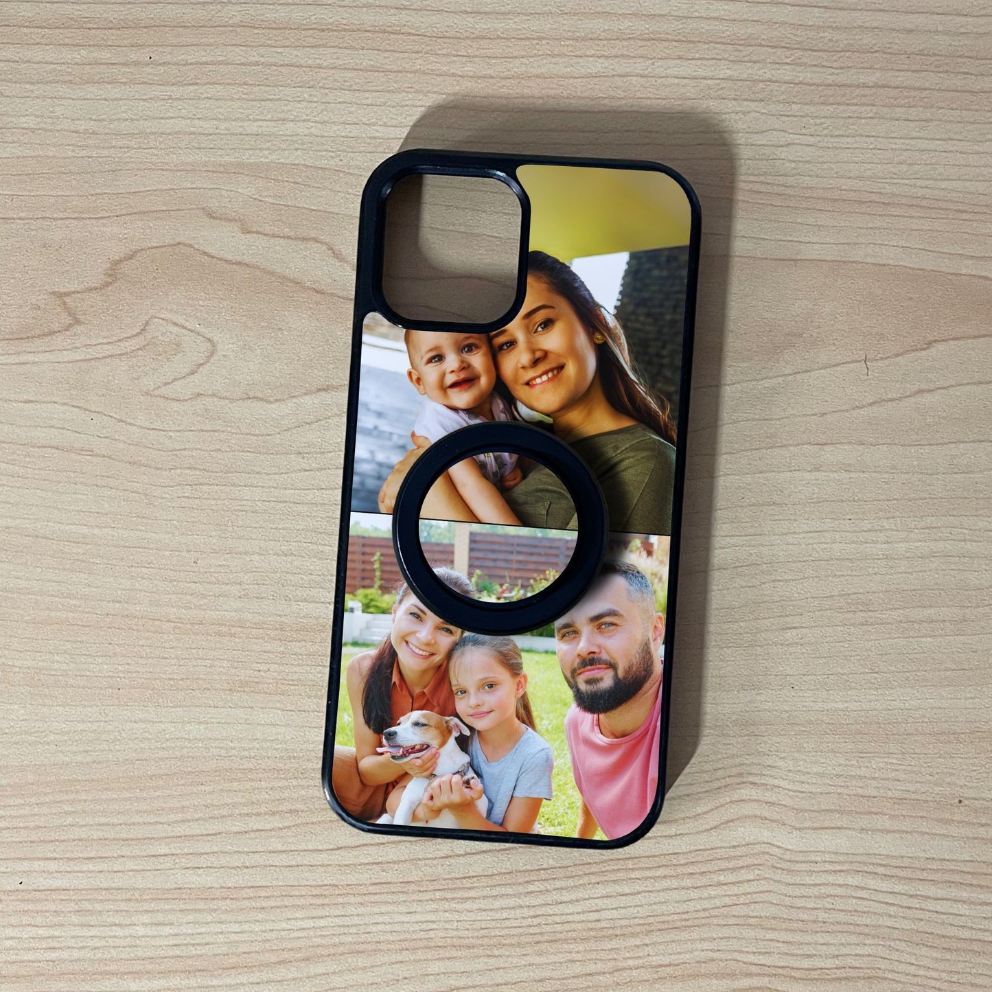 Custom MagSafe iPhone case with 2 photo collage couple theme with matching magnetic phone grip attached on a wooden surface