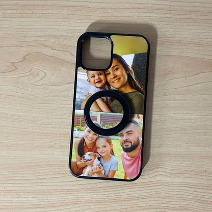 Custom MagSafe iPhone case with 2 photo collage couple theme with matching magnetic phone grip attached on a wooden surface
