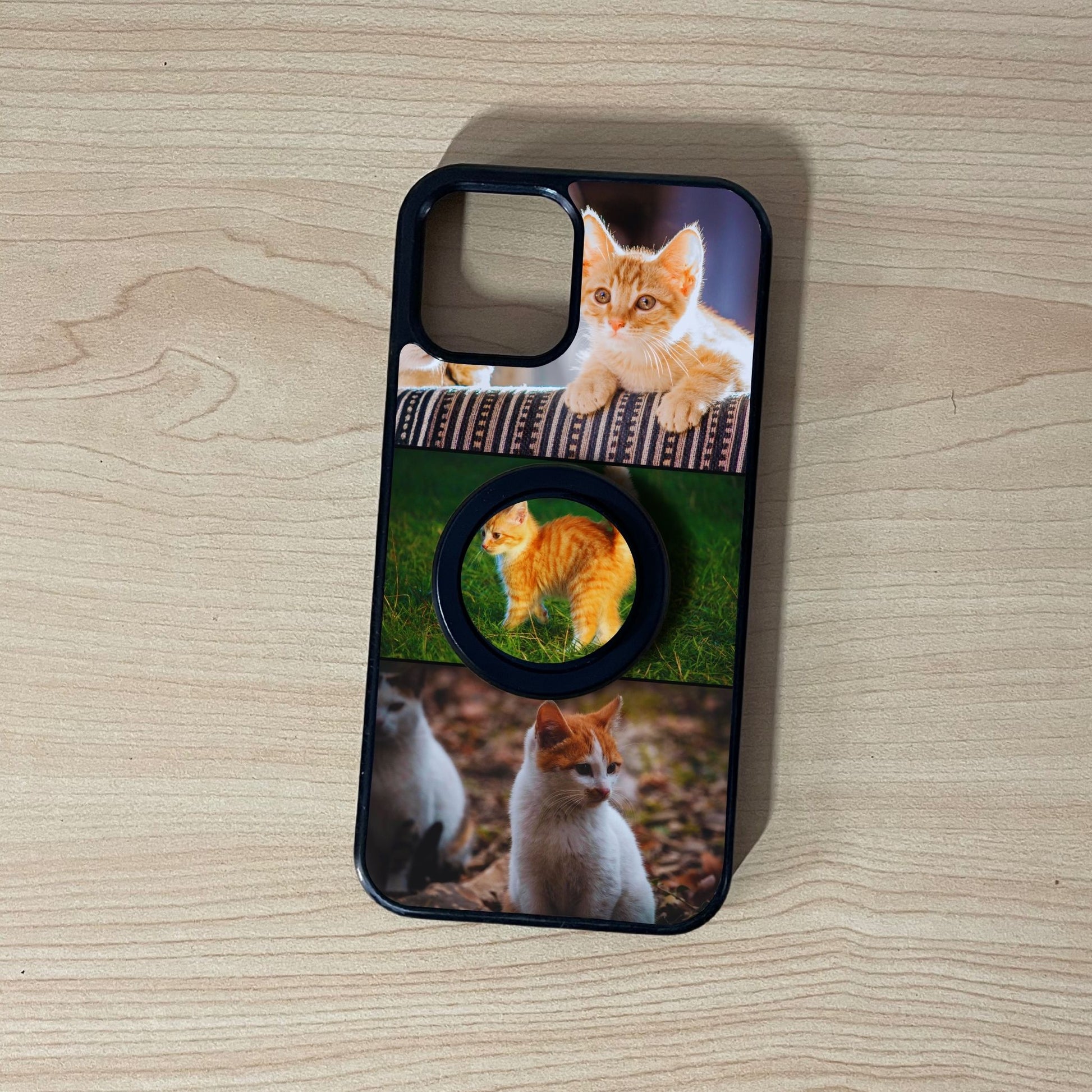 Custom MagSafe iPhone case with 3 photo collage couple theme with matching magnetic phone grip attached on a wooden surface