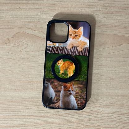 Custom MagSafe iPhone case with 3 photo collage couple theme with matching magnetic phone grip attached on a wooden surface
