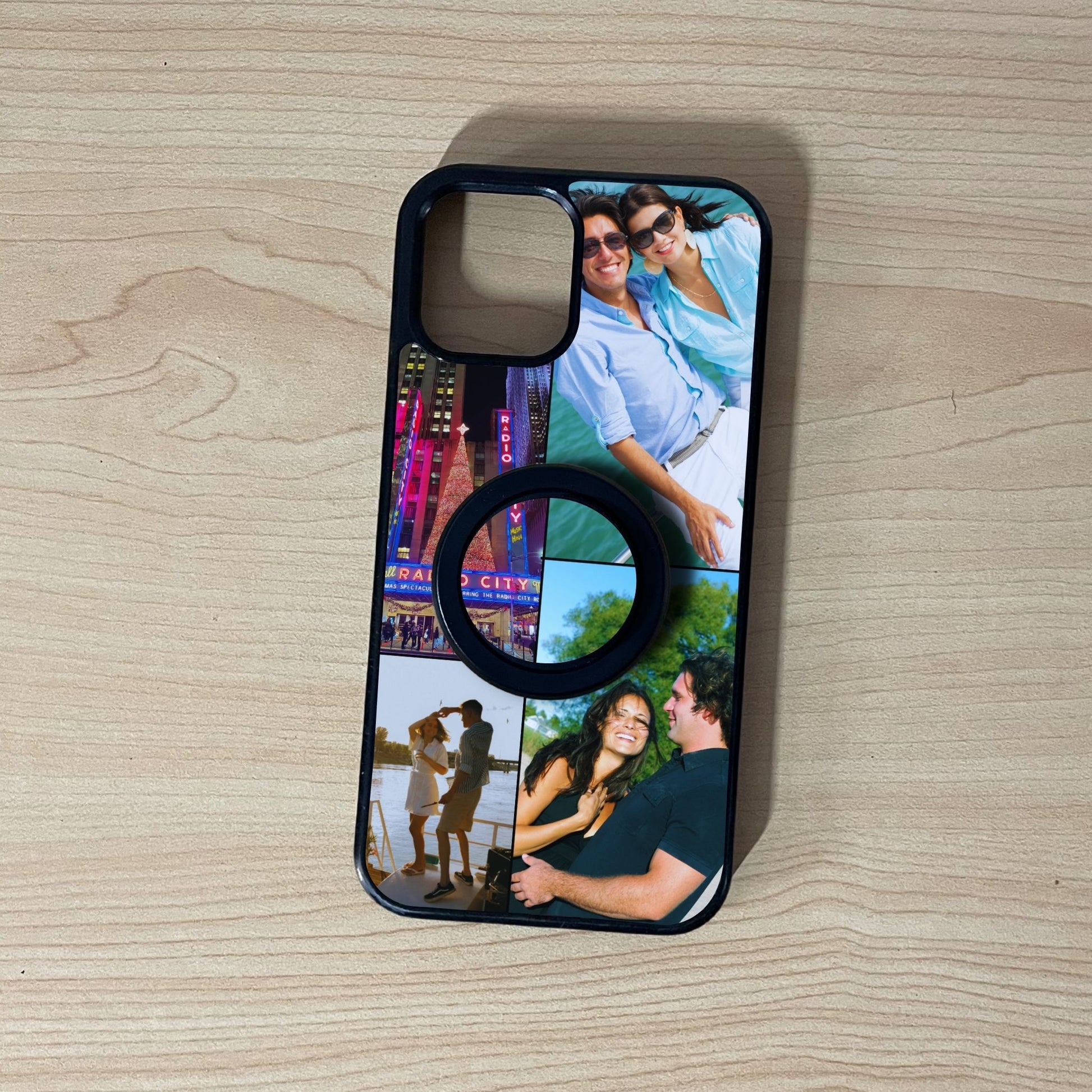 Custom MagSafe iPhone case with 4 photo collage couple theme with matching magnetic phone grip attached on a wooden surface