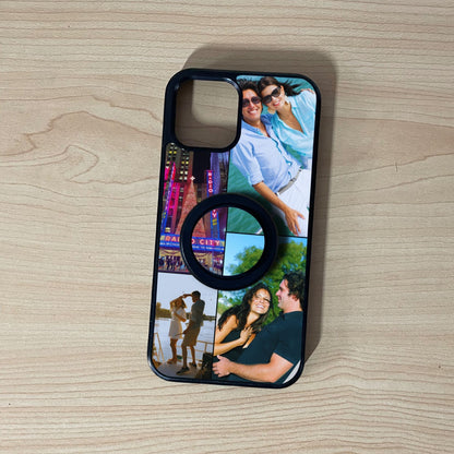 Custom MagSafe iPhone case with 4 photo collage couple theme with matching magnetic phone grip attached on a wooden surface