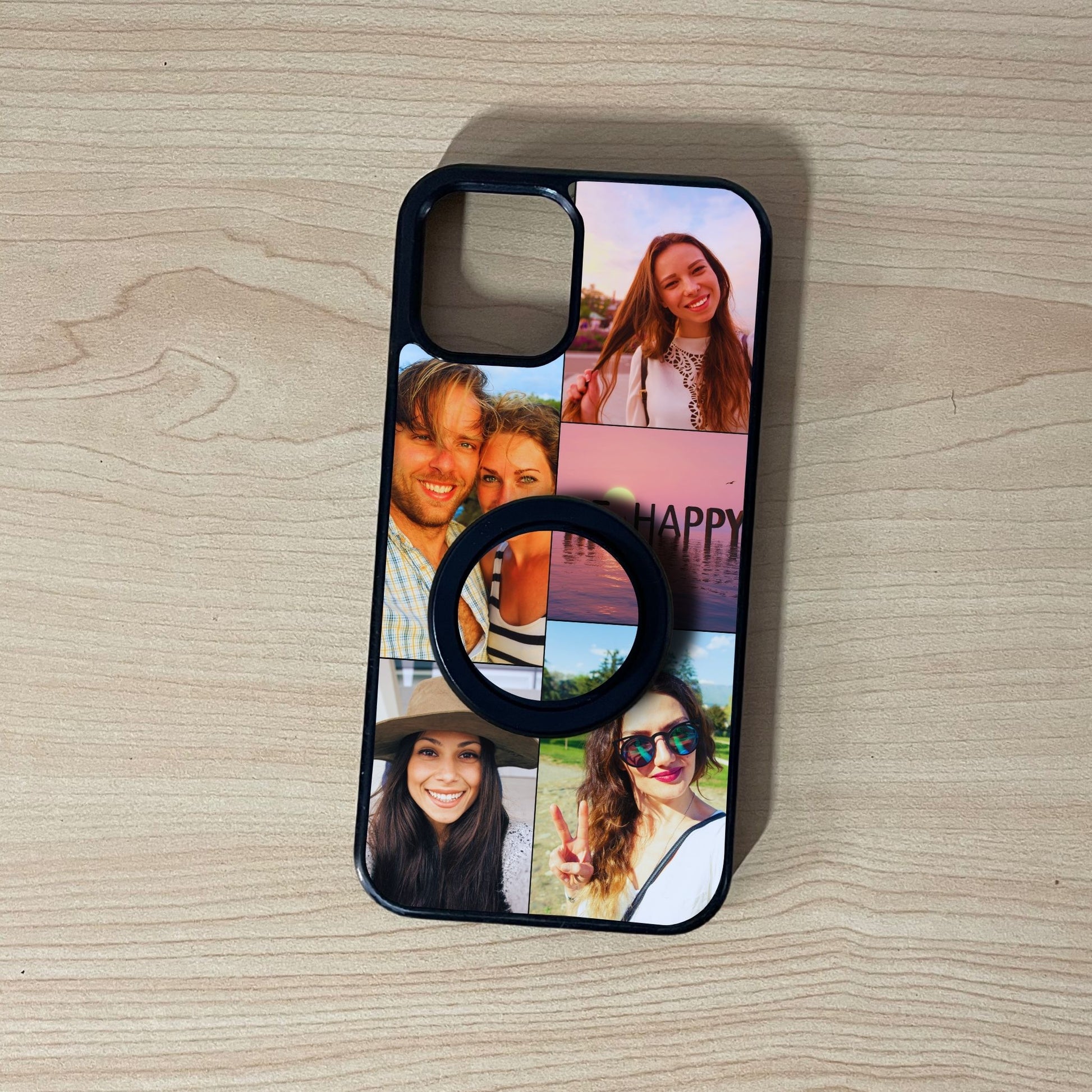 Custom MagSafe iPhone case with 5 photo collage couple theme with matching magnetic phone grip attached on a wooden surface