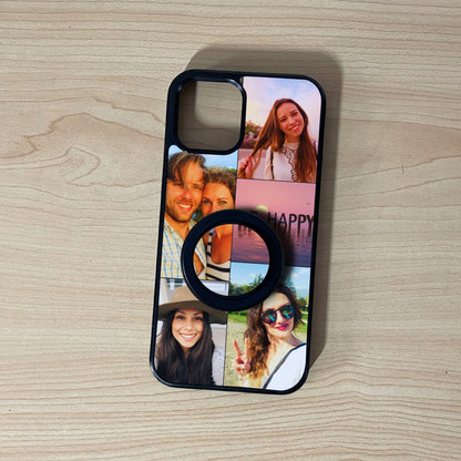 Custom MagSafe iPhone case with 5 photo collage couple theme with matching magnetic phone grip attached on a wooden surface