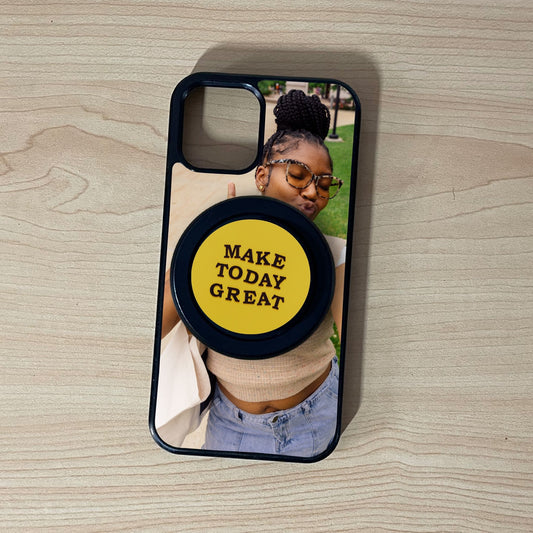 Custom Magsafe iPhone case with selfie of a woman photo and black base Magsafe custom phone grip on a wooden surface.