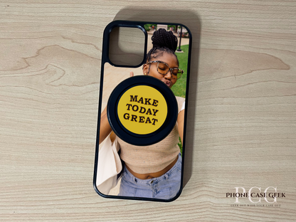 Custom Magsafe iPhone case with selfie of a woman photo and black base Magsafe custom phone grip on a wooden surface.
