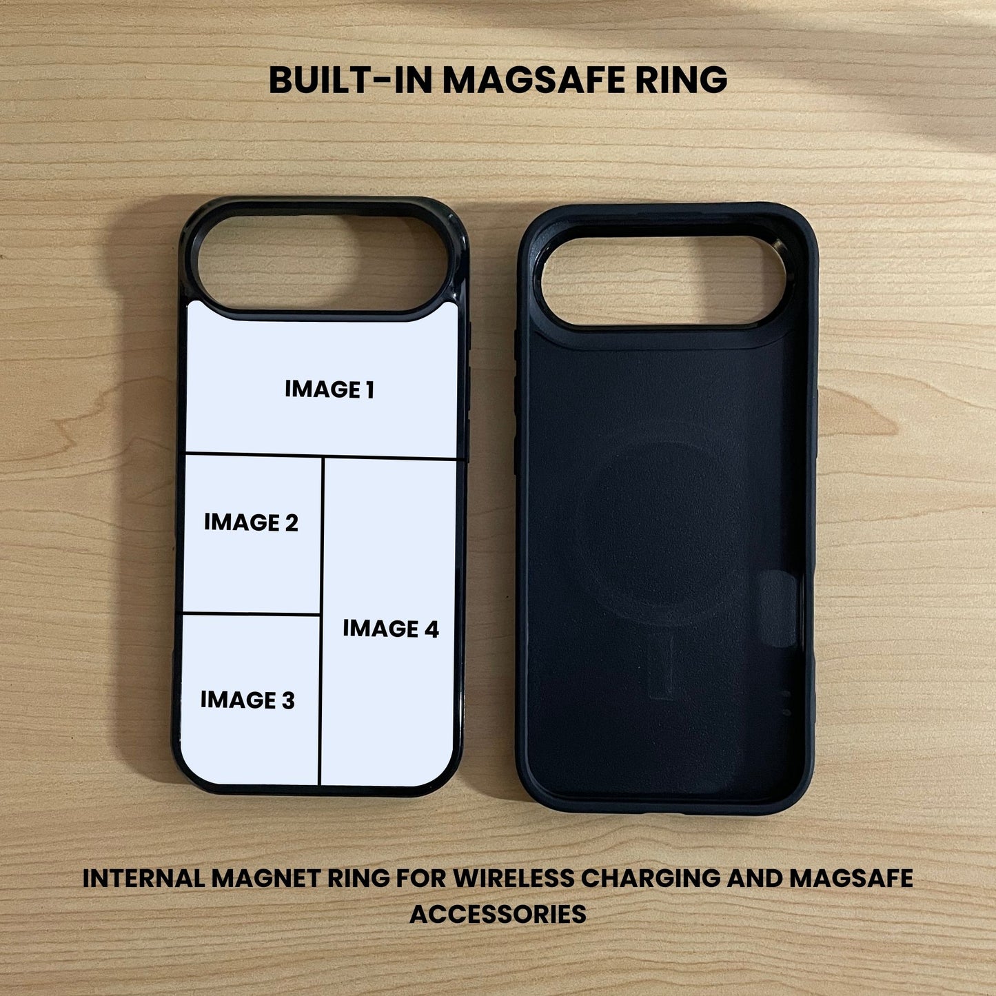 Custom iPhone 17 Air case showing 4 photo collage placement and inside a black phone case with built-in MagSafe feature on a wooden surface.