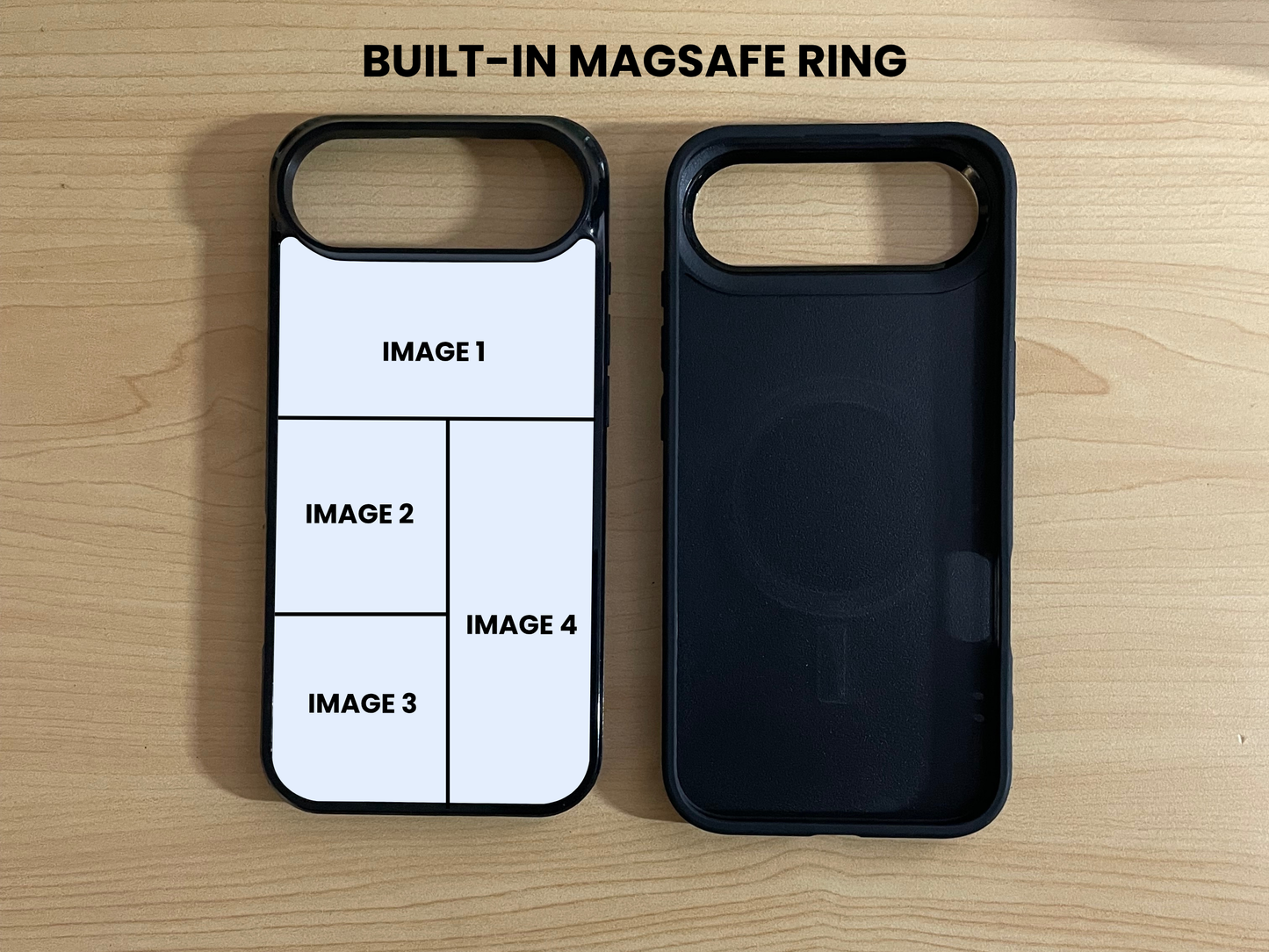 Custom iPhone 17 Air case showing 4 photo collage placement and inside a black phone case with built-in MagSafe feature on a wooden surface.
