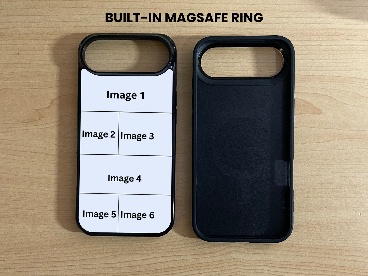 Custom iPhone 17 Air case showing 6 photo collage placement and inside a black phone case with built-in MagSafe feature on a wooden surface.