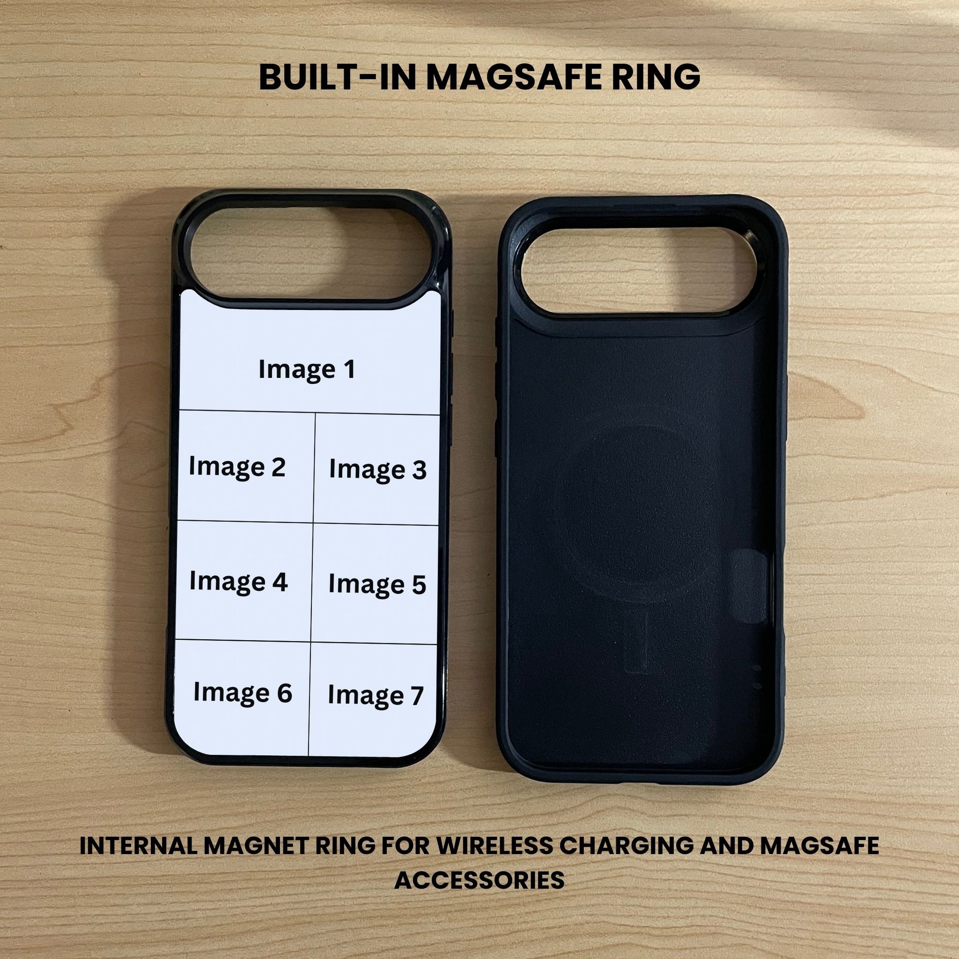 Custom iPhone 17 Air case showing 7 photo collage placement and inside a black phone case with built-in MagSafe feature on a wooden surface.