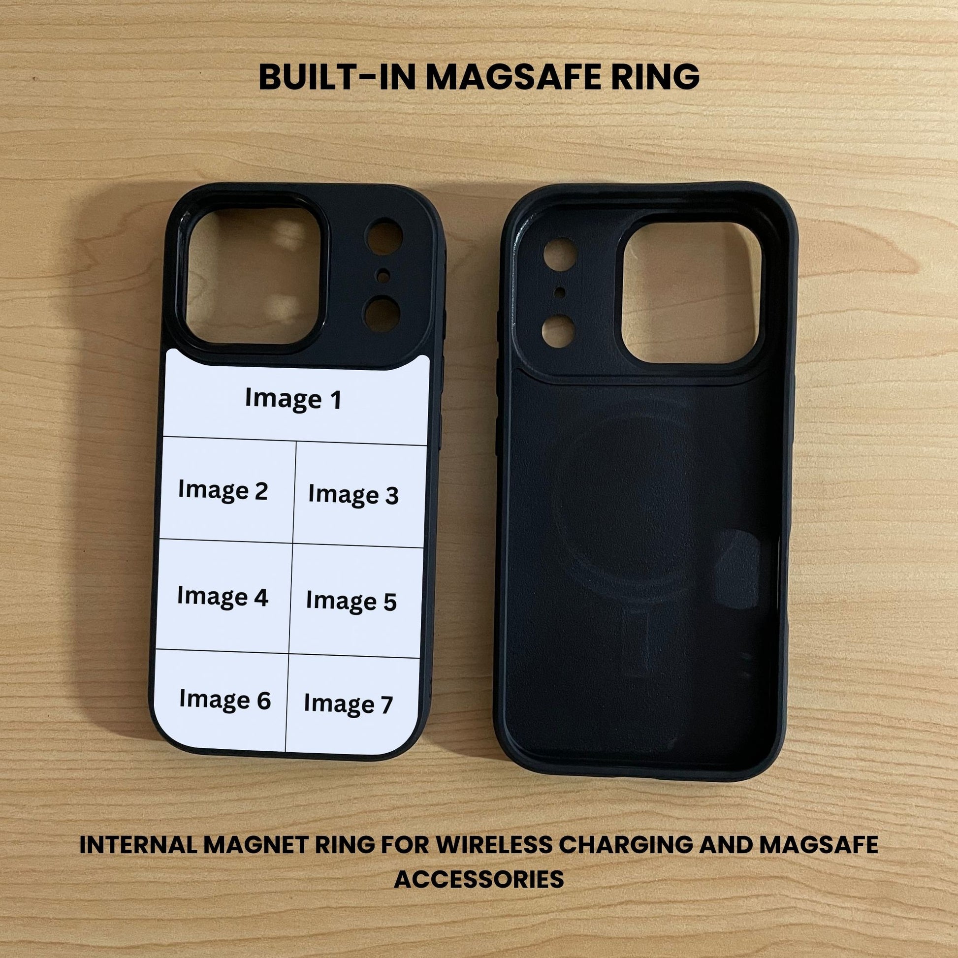 Custom iPhone 17 Pro and 17 Pro Max case showing 7 photo collage placement and inside a black phone case with built-in MagSafe feature on a wooden surface.