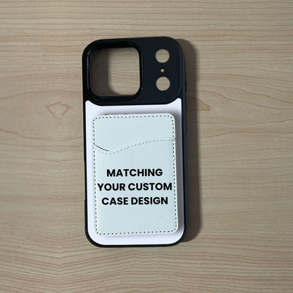An iPhone 17 Pro/17 Pro Max case with a rubber sides with a faux leather card holder with the text 'MATCHING YOUR CUSTOM CASE DESIGN'. The case is displayed flat on a light wood grain surface.