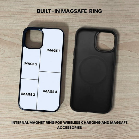 Custom iPhone case showing 4 photo collage placement and inside a black phone case with built-in MagSafe feature on a wooden surface.