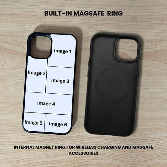 Custom iPhone case showing 6 photo collage placement and inside a black phone case with built-in MagSafe feature on a wooden surface.