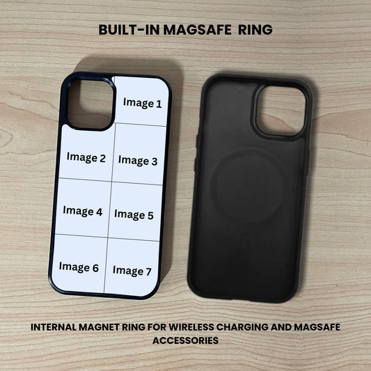 Custom iPhone case showing 7 photo collage placement and inside a black phone case with built-in MagSafe feature on a wooden surface.