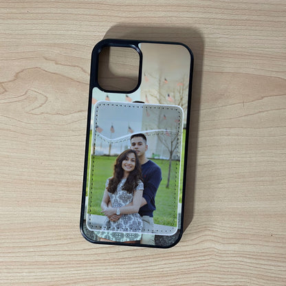 Custom phone case with matching phone card holder wallet with a photo of a couple on a wood background