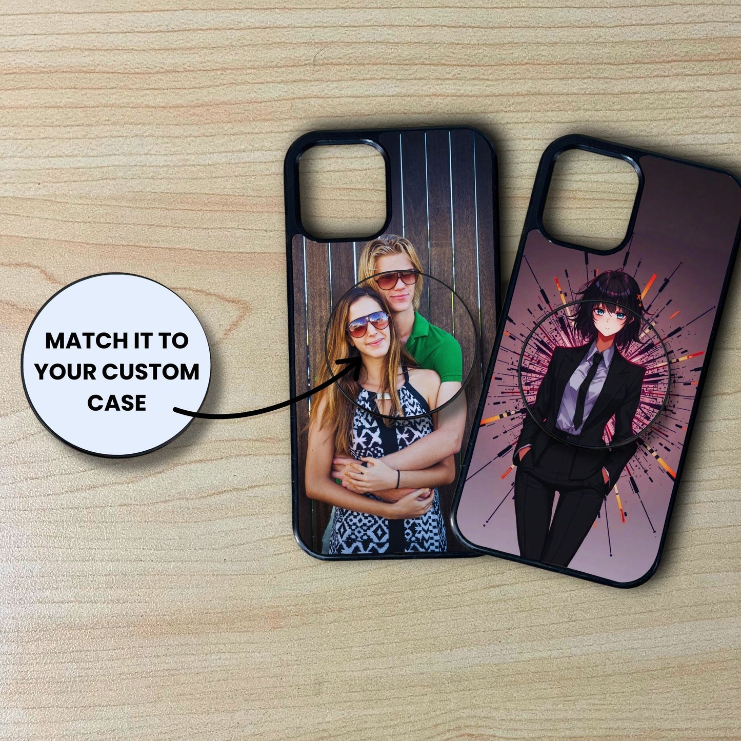 Custom phone case with matching phone grip  and text saying "Match it to your custom case" on a wood background