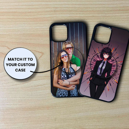 Custom phone case with matching phone grip  and text saying "Match it to your custom case" on a wood background