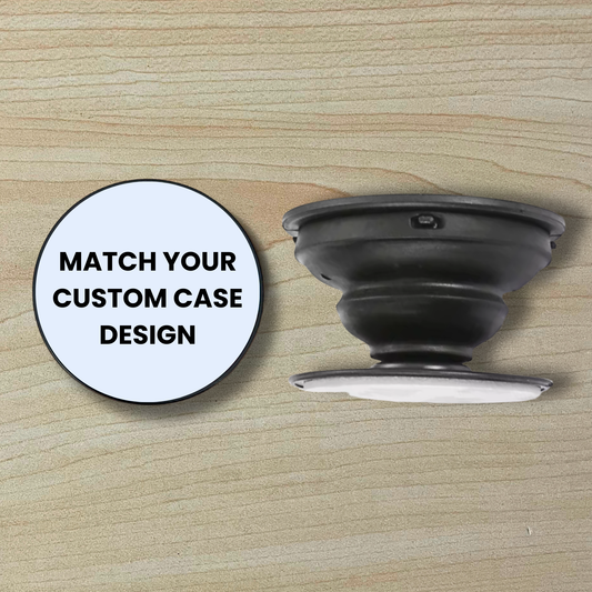 Custom matching phone grip showing top and side view and text saying "Match your custom case design" on a wood background