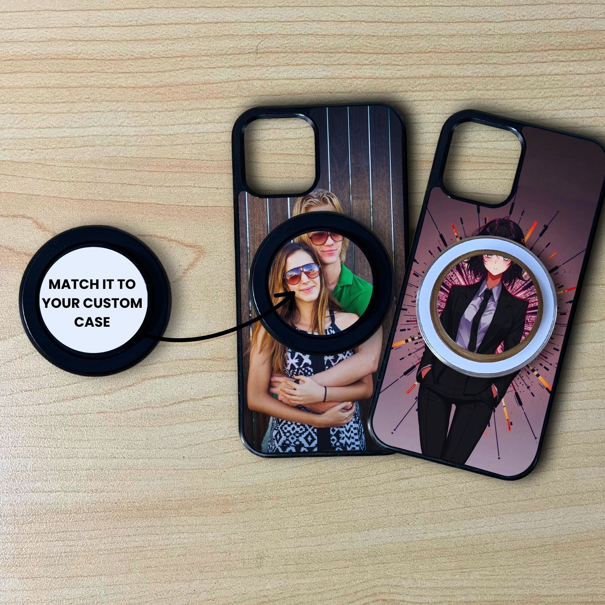 Custom phone case with matching magsafe phone grip  and text saying "Match it to your custom case" on a wood background