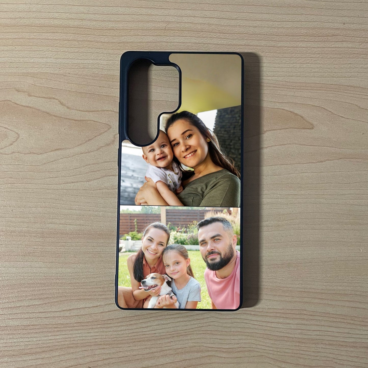Custom phone case for the Samsung S series showing 2 photo collage photo of family moments on a wooden surface.