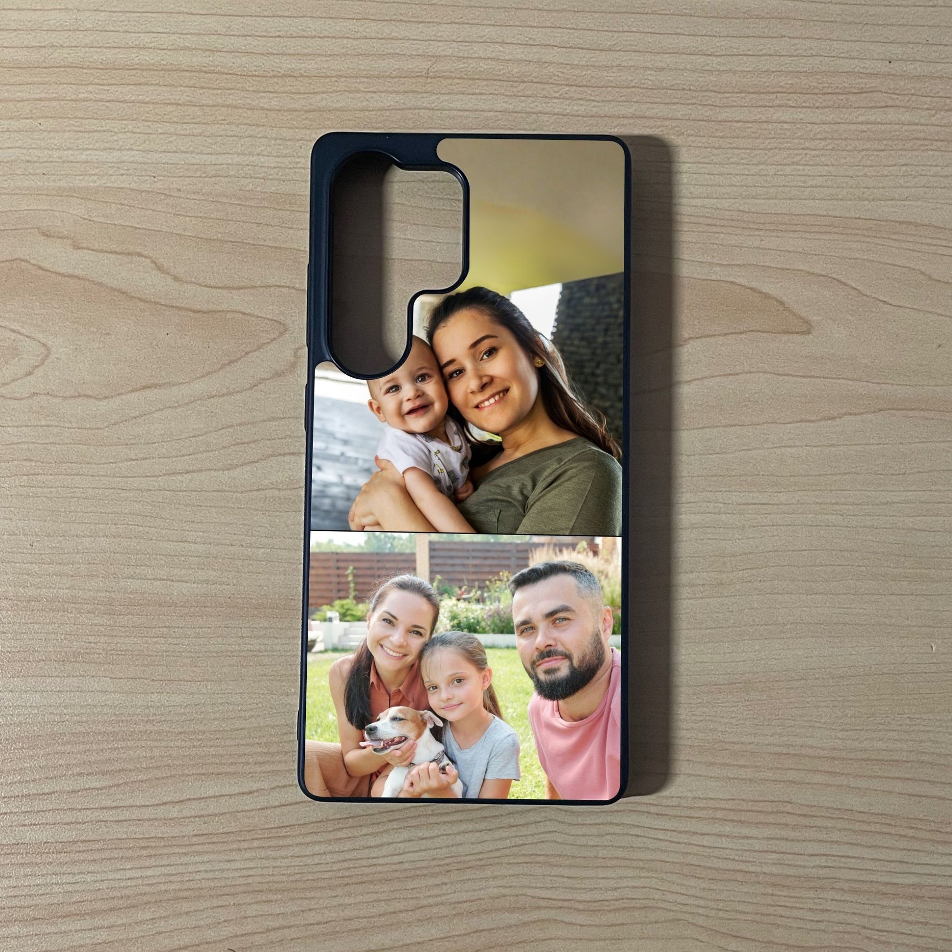 Custom phone case for the Samsung S series showing 2 photo collage photo of family moments on a wooden surface.
