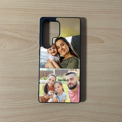 Custom phone case for the Samsung S series showing 2 photo collage photo of family moments on a wooden surface.