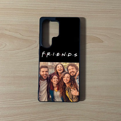 Custom phone case for the Samsung S series with 2 photo collage with 'Friends' text and a group photo on a wooden surface.